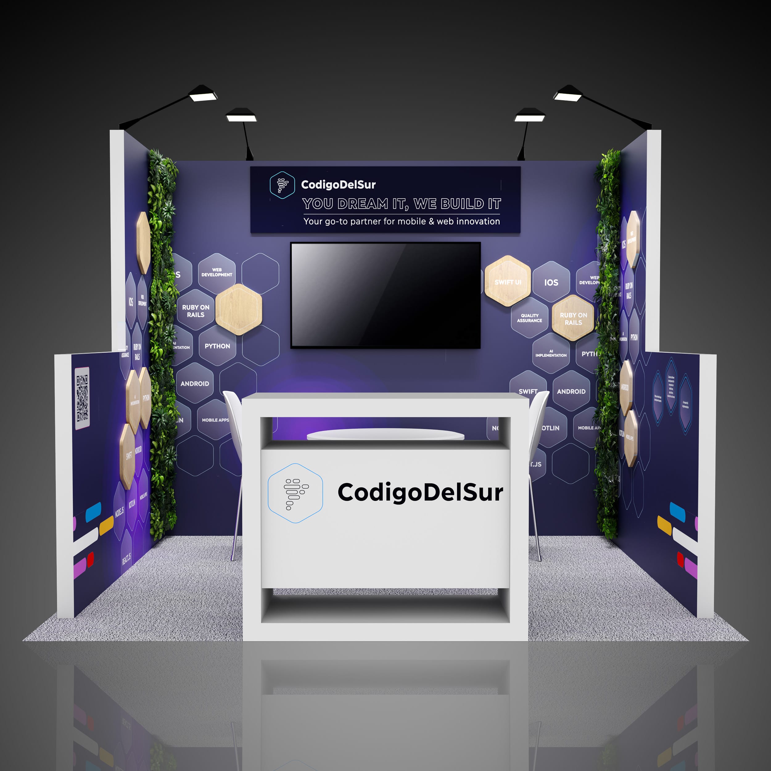 CodigoDelSur 10'x10' pop-up displays, graphics, in-line booth, arm lights, reception counter, simply design