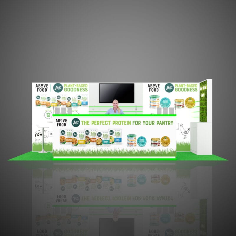 Loma Linda, above food, Custom trade show exhibition design 10x20, green LED.