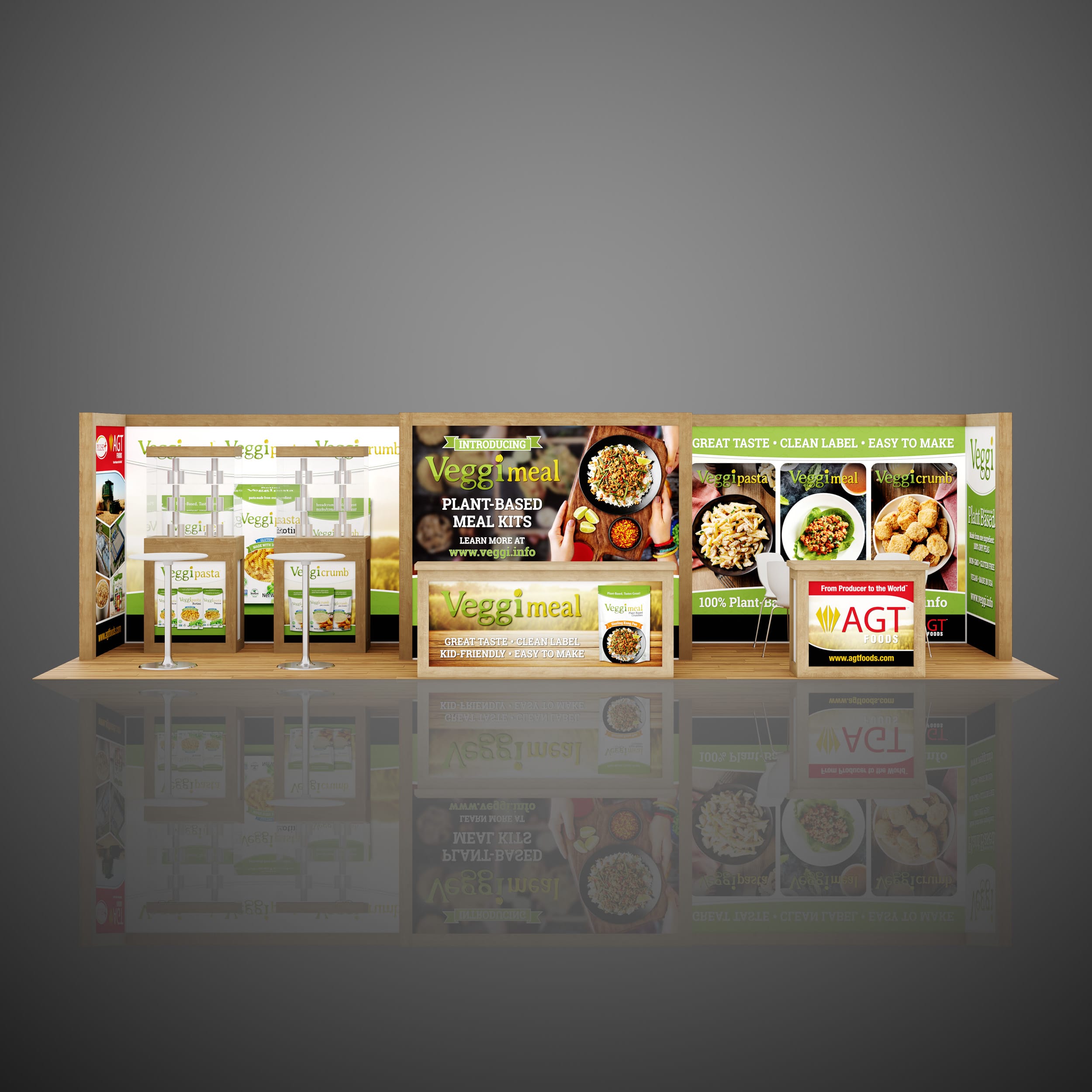 Veggimeal Custom trade show stand booth with wood, lightboxes, fabric graphics, country stile.