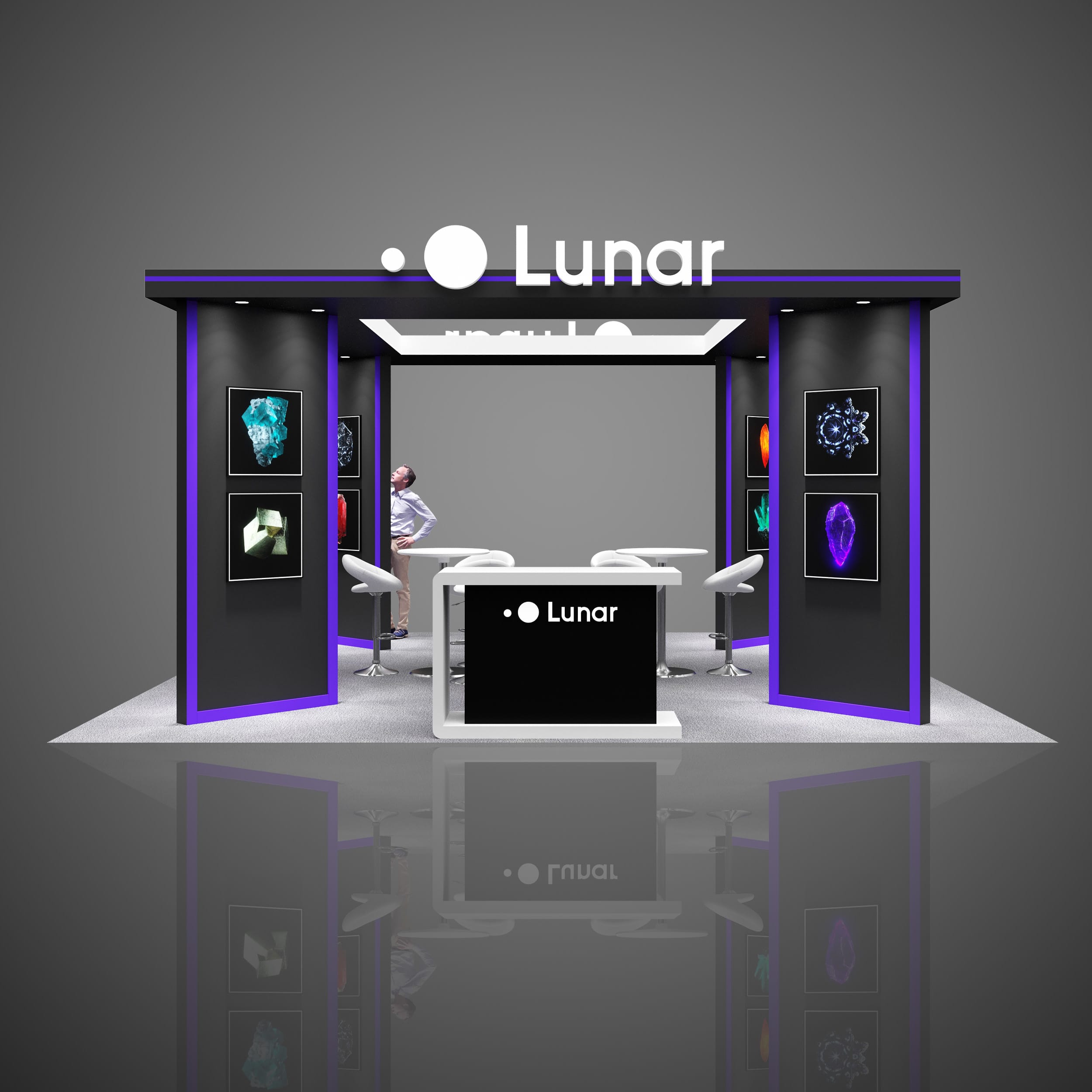 Lunar trade show Custom exhibition stand 20'x20', bridge, arch, hi-tech, NFT Expoverse 2022