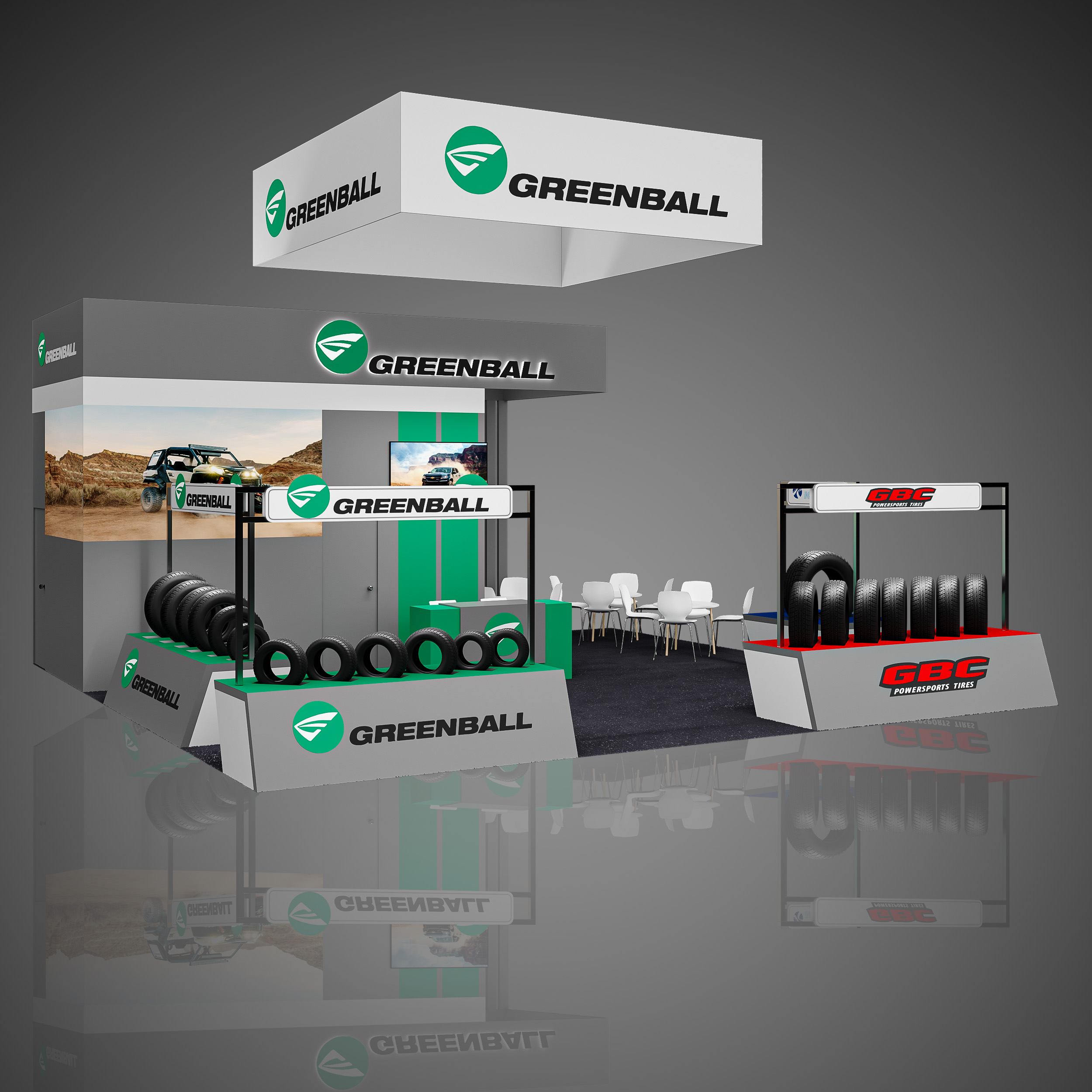 GREENBALL exhibit booth with storage room ,tire displays and square hanging sign