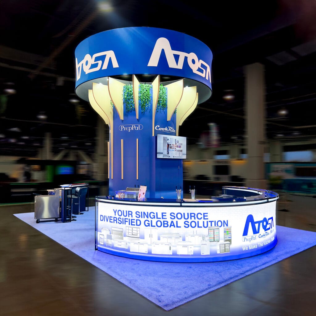 Atosa Bar & Restaurant show trade show booth tower tree with lightbox bar counter