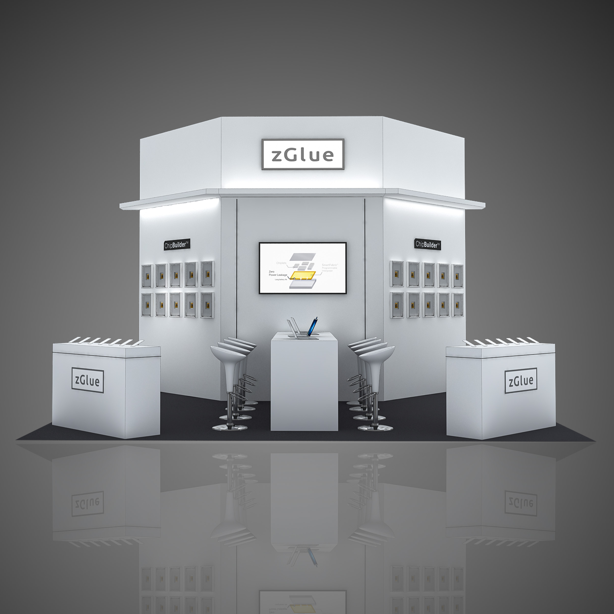 zGlue trade show booth display, CES 2020, Sands Expo, storage room, display table counters, laptops, simple design, minimalism.