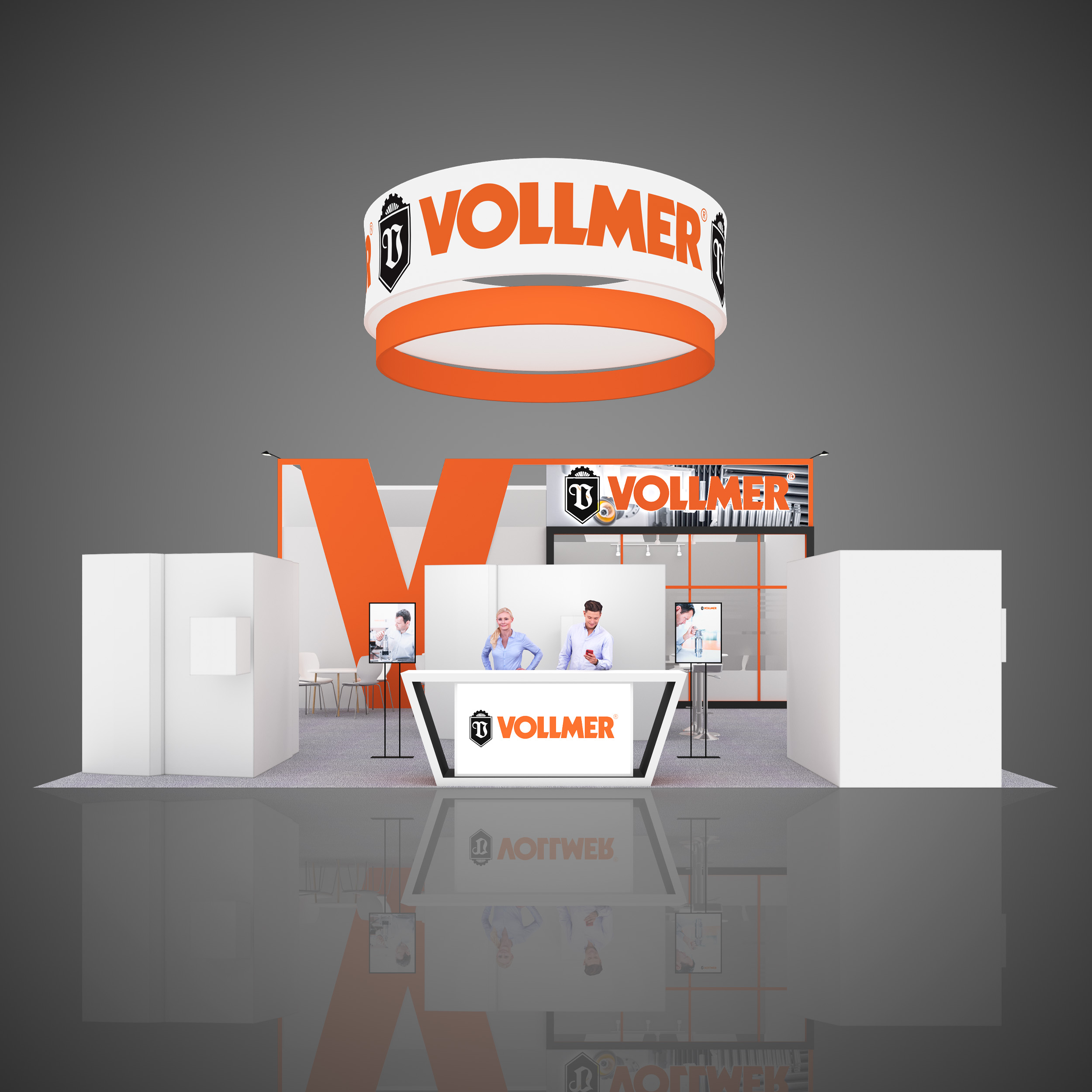 Vollmer trade show booth design, AWFS Fair 2023, LVCC, 30'x40', orange, meeting room with glass wall, rounded hanging sign.