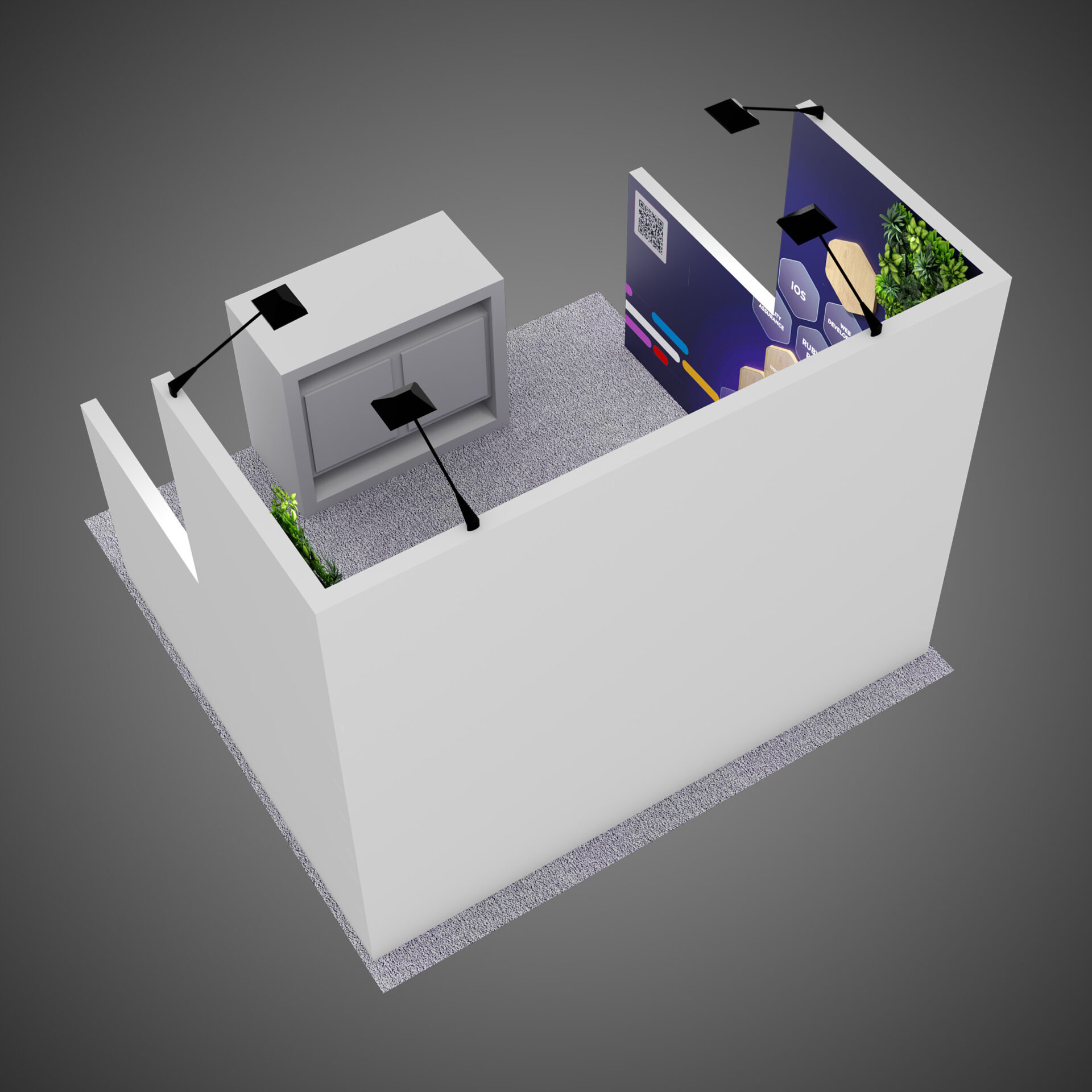 Codigo del Sur exhibition stand design, 10x10 booth, reception counter with locked doors.