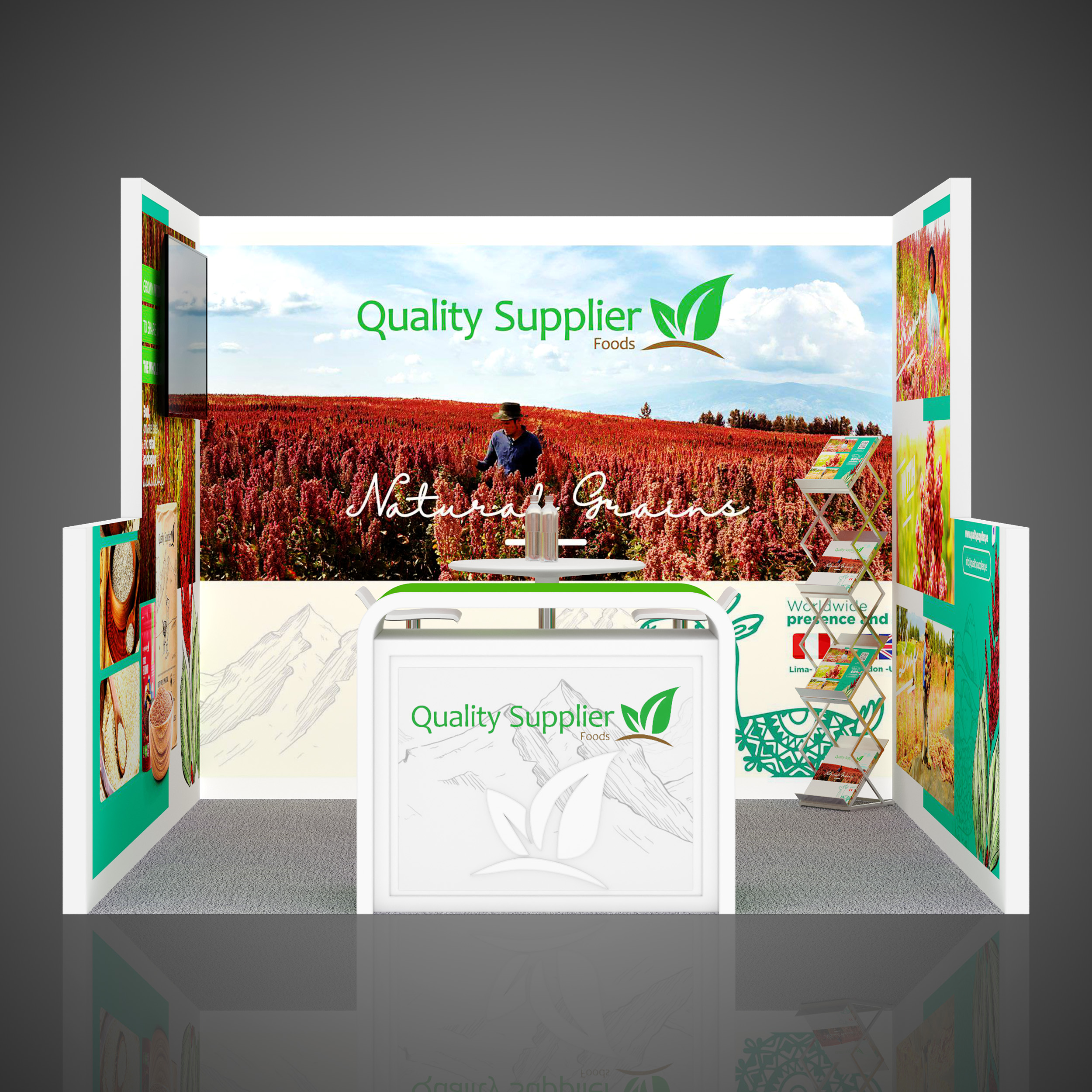 Quality Supplier exhibition stand display design, front view, 8' height, less than 10000$, customized.