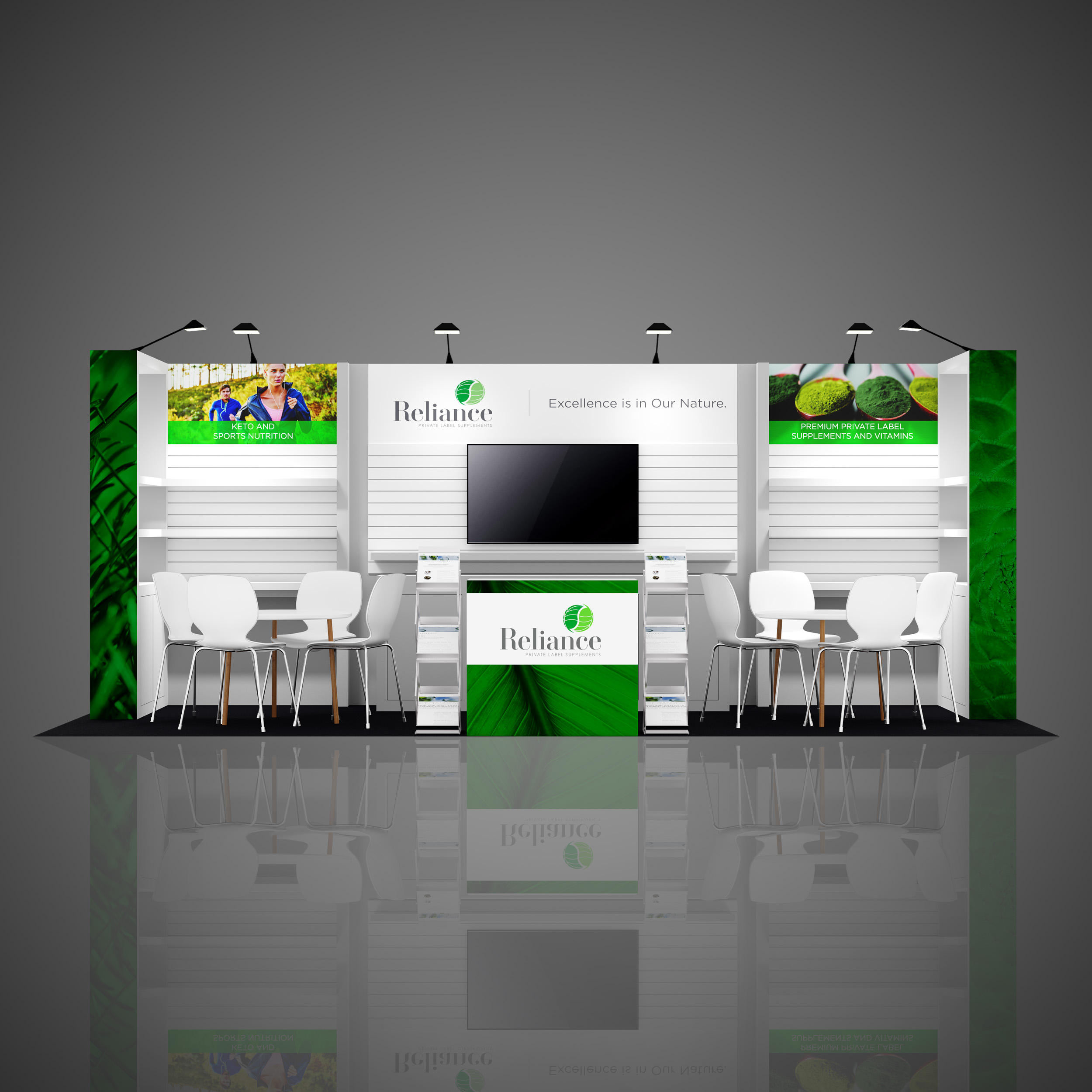 Reliance exhibition and trade show booth, NPEW 2023, 10'x20' booth size, display walls.