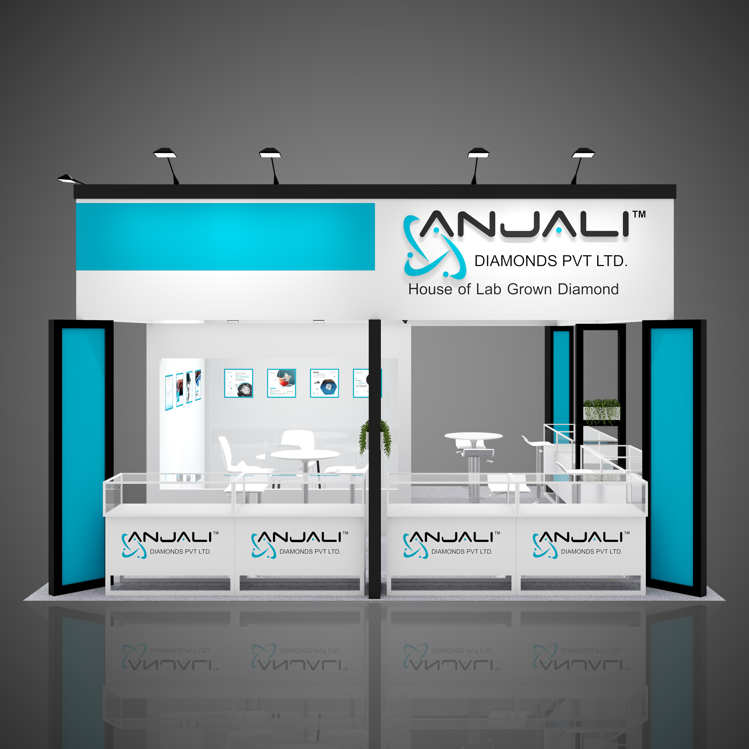 Anjali exhibition trade show booth design, jewelry displays, square, JCK 2023, Sands Expo, Las Vegas, white & Blue colors