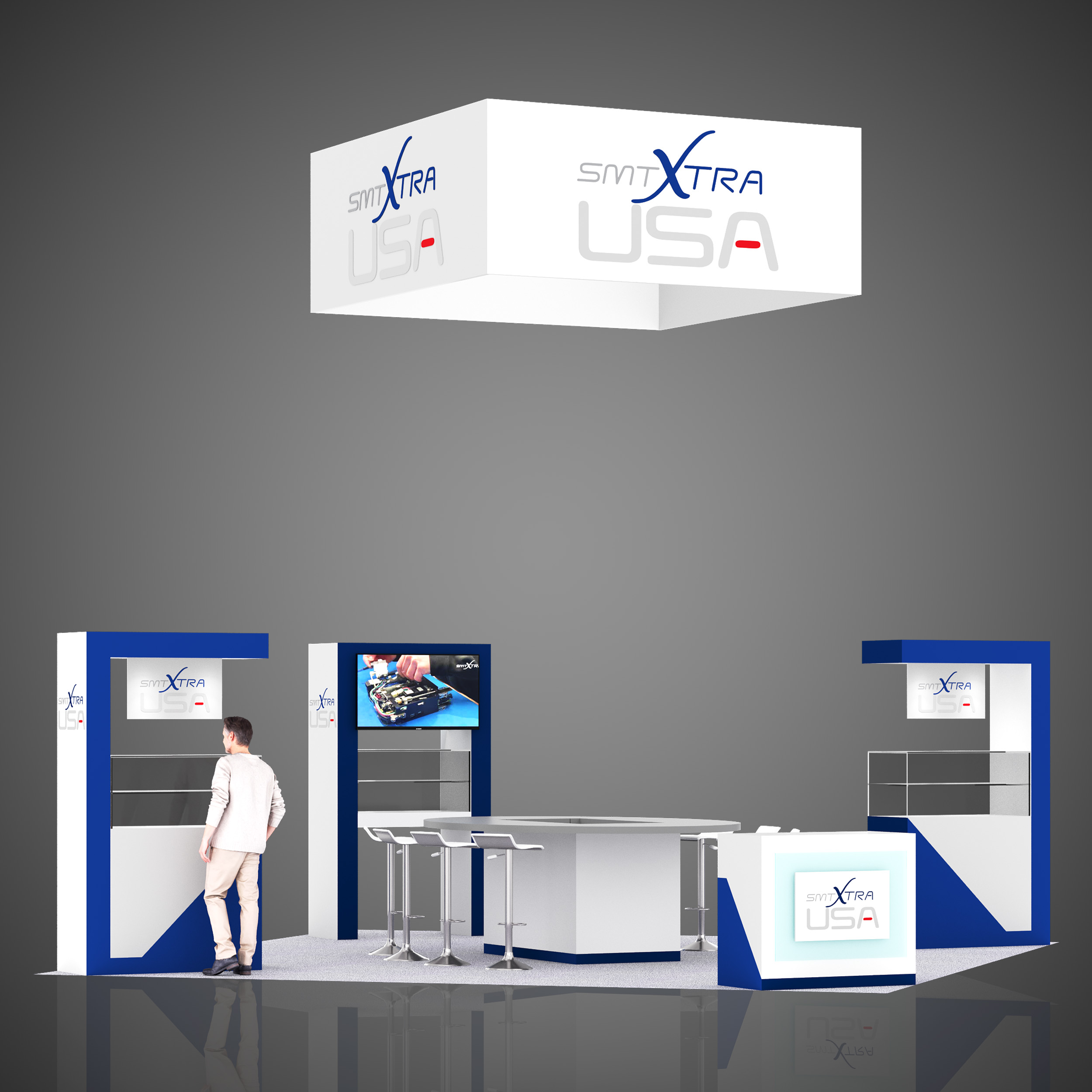 SMTxtra USA trade show booth with kiosks, hanging sign. oval counter, reception counter, IPC APEX 2023, San Diego CC, 20'x20'.