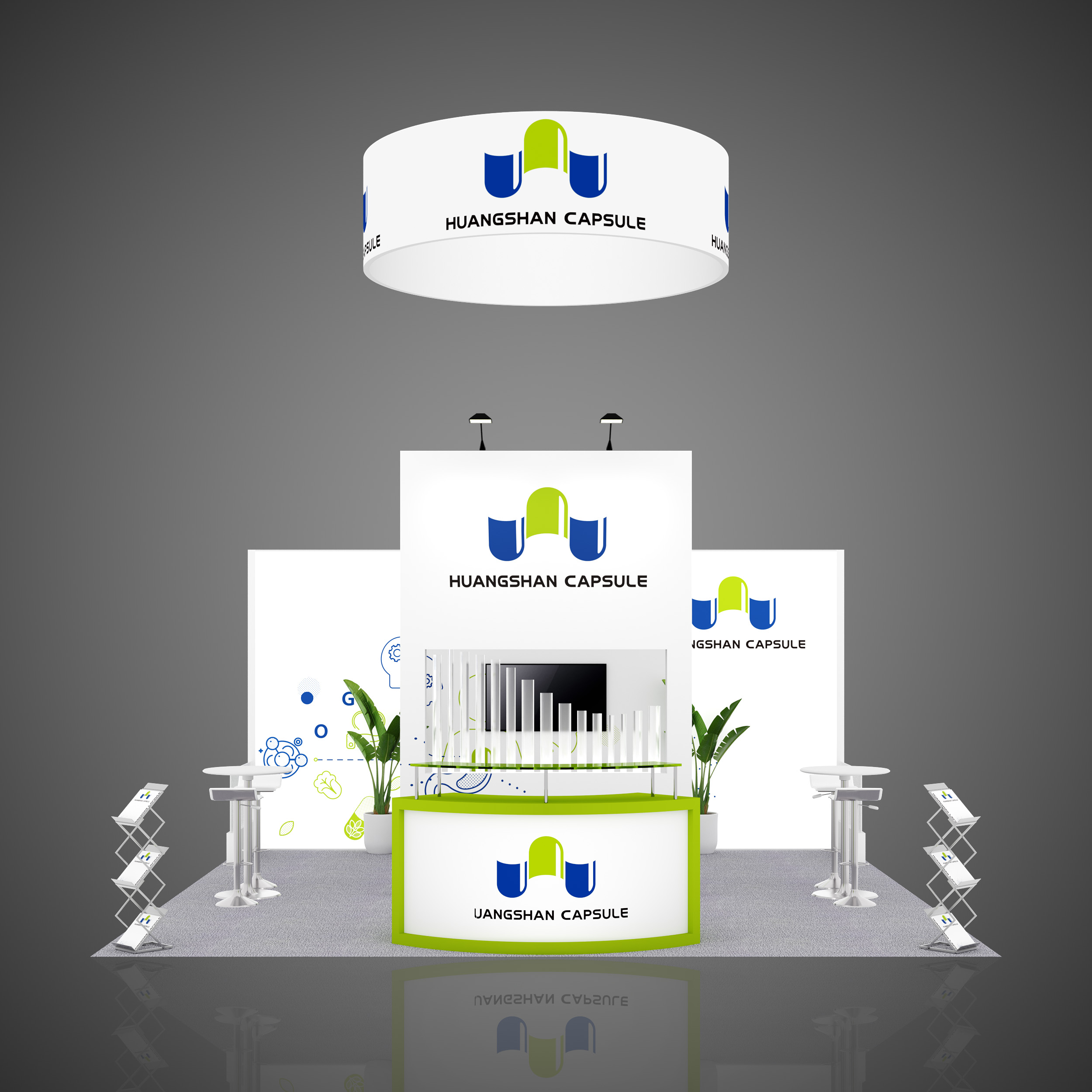 Symbio-One & Huangshan Capsule trade show booth customized made, Supply Side West 2023 expo show, 20'x20' size booth, Las Vegas, Mandalay Bay, capsules, curved reception counter, capsule tubes, meeting area.