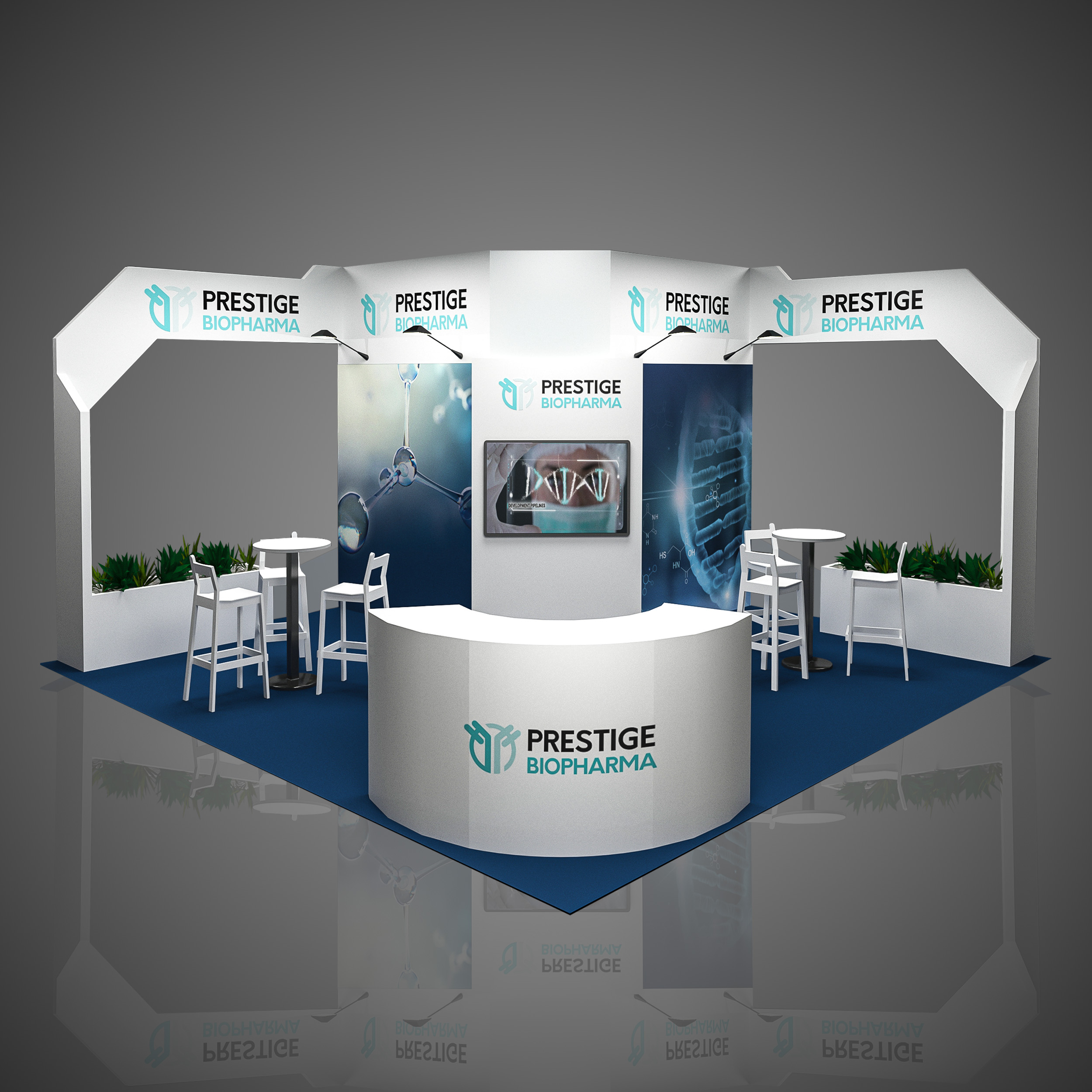 Prestige BioPharma trade show booth exhibit, BIO International Convention 2022, 20'x20' size booth, San Diego, arch, rounded reception counter, bar table and chairs, plants.