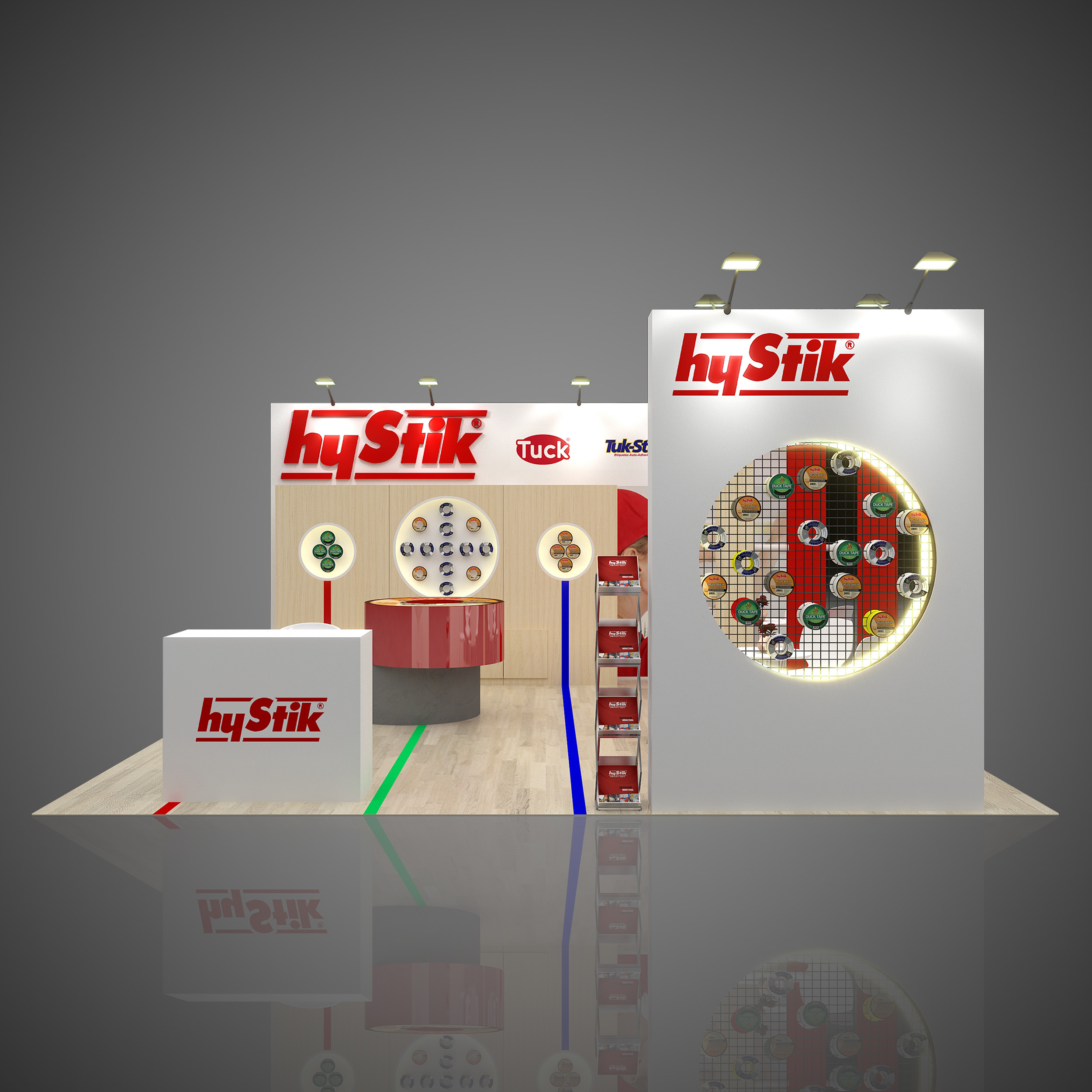 hyStik trade show exhibition booth display, NHS 2022 show, Las Vegas, 20'x20' booth size, nice design, red and white colors.