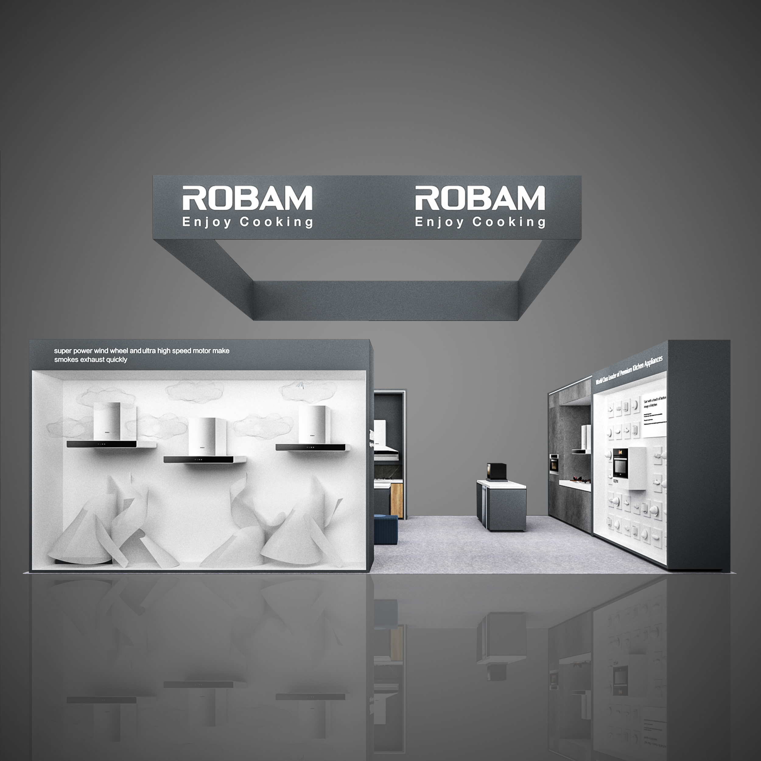 ROBAM trade show booth, KBIS show 2022, 20'x30', Orlando, Florida, Kitchen style, hi-tech, square hanging sign, grey colors.