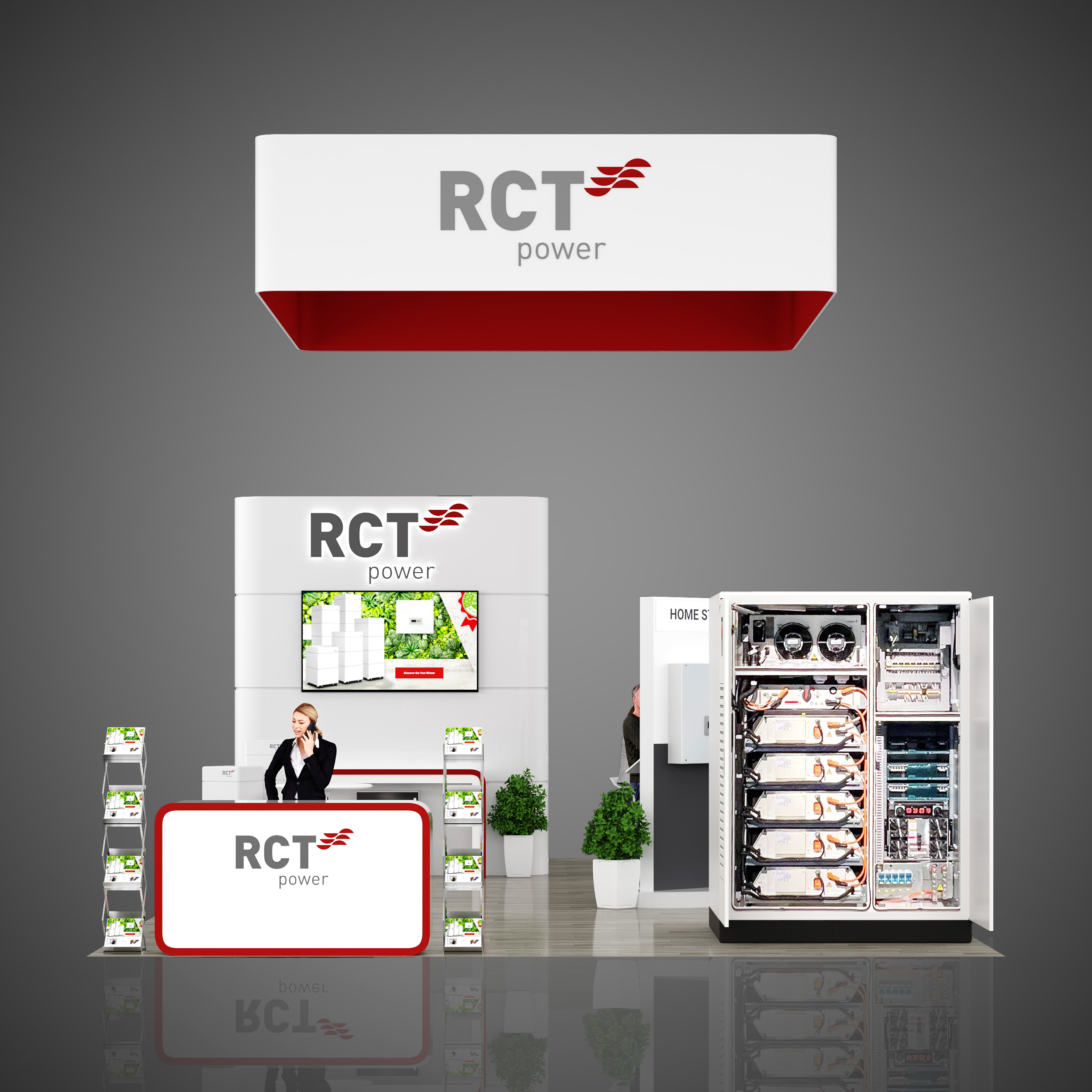 RCT power trade show exhibition booth display, ISNA 2024, San Diego Convention Center, classic design, white and red, 20'x40', rounded corners, solar power, hi-end technologies.