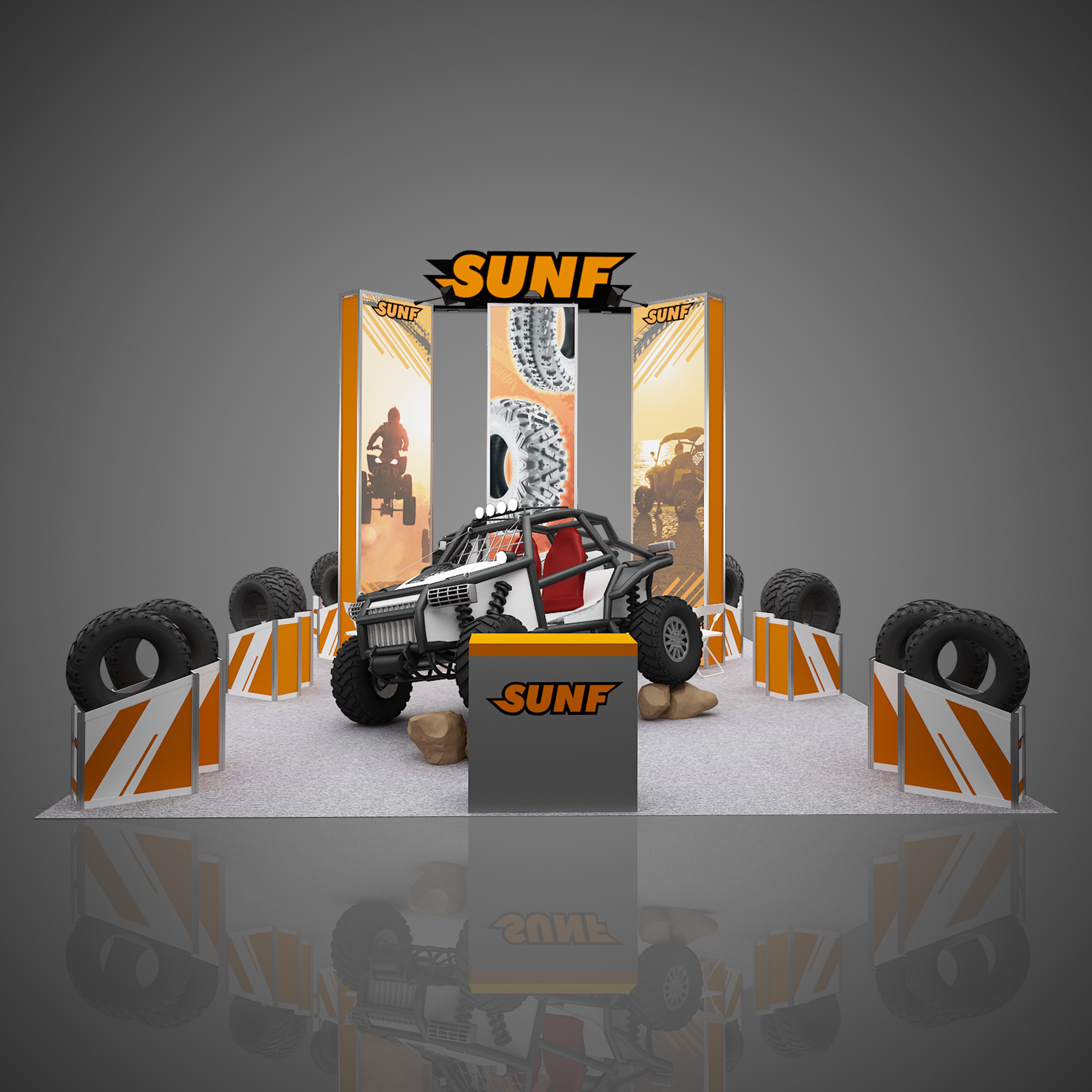 SUNF trade show booth, lightboxes, SEMA 2021, LVCC, Tire displays, orange, 20'x40'.